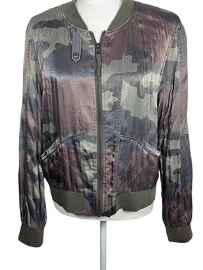 Marrakech Camo Bomber Jacket Size Medium Satin Utility Zip Up Lightweight